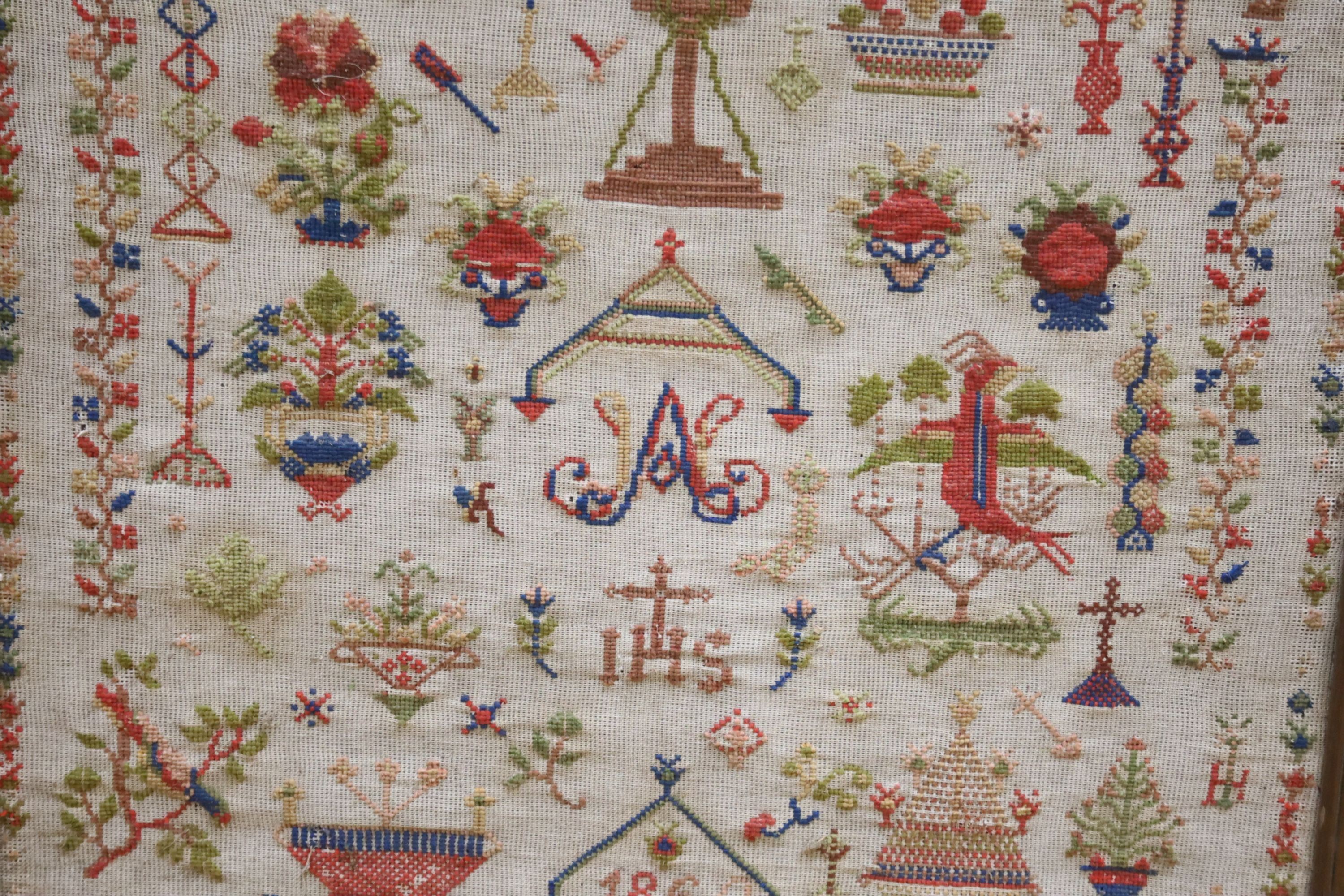 A French needlework sampler, dated 1860, Frame 84 x 67.5 cm